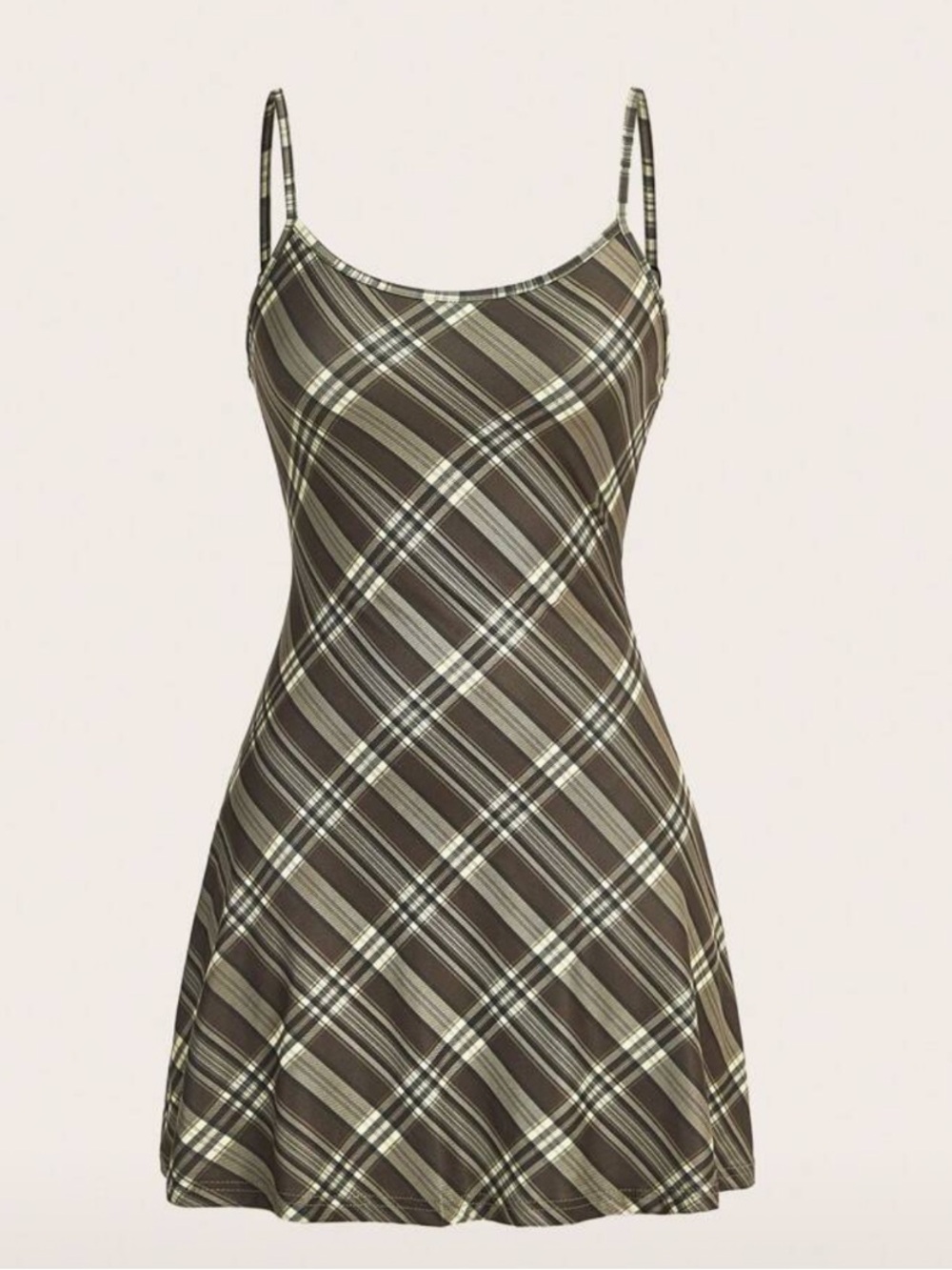 SHEIN Olive and Brown Plaid Spaghetti Strap Dress